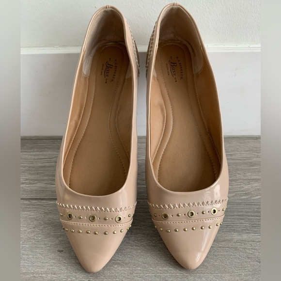G.H. Bass Layla Beige Faux Patent Leather Flats with Gold Studs/Embellishments - Picture 8 of 11